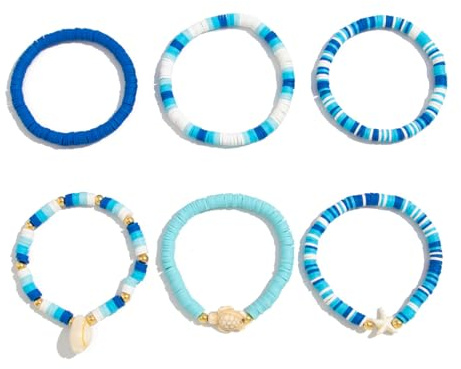 Riceel Bracelets de Perles Empilables, Ensemble de Bracelets Extensibles Perlés Coquillages Bijoux de Poignet pour Les Vacances (Bleu)