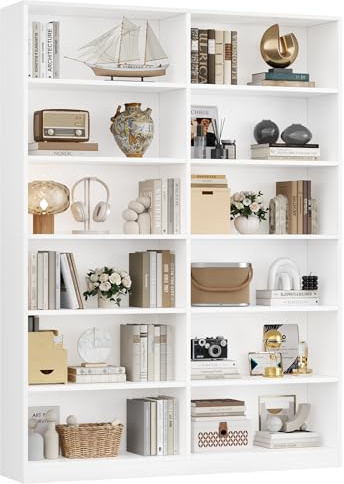 FirFurd Bookcase White Bookshelf 188.7cm 6 Tier Tall Living Room Bookcases