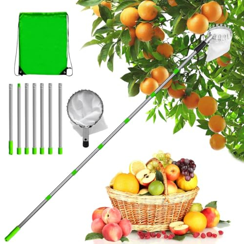 2,8M Cueille Fruit Telescopique, Cueilleur de Fruits Amovible avec Poteau Réglable Léger et Sac de Rangement, Ramasse Fruits Telescopique, Outil Cueillette pour Cueillette des Oranges Pêches Cerises
