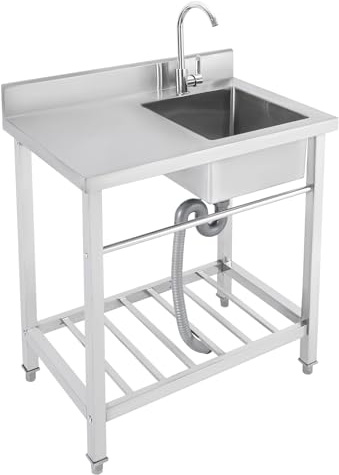Lavello da cucina indipendente in acciaio inox 201, con rubinetto a 360°, portasciugamani, superficie di appoggio, paraspruzzi, portata 100 kg, per cucina, bar, ristorante, argento