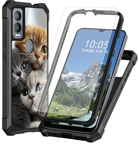 DIGTIALL Fodral för Cricket Magic 5G/ATT Propel 5G 17,2 cm med skärmskydd i härdat glas, dubbla lager kraftigt stötsäkert skyddande fodral, tre katter