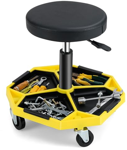 GYMAX Sgabello da Officina, Banco di Riparazione Auto a 4 Ruote, Altezza Regolabile, Portata di 150 kg, Stoccaggio Utensili, con Ripiano Porta Attrezzi, Sedile Imbottito (Giallo)