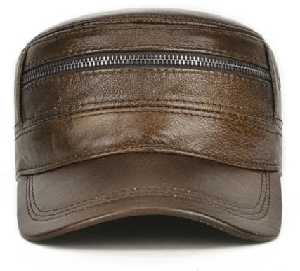 Berretto Militare da Uomo in Vera Pelle, Berretto da Baseball con paraorecchie, Cappello Caldo Regolabile e retrò,Marrone,One Size Fits all