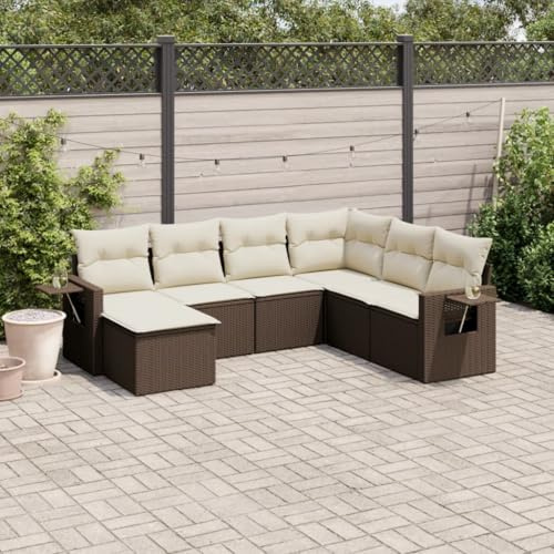 YunCangg Salon de jardin 7 pièces marron avec coussins en rotin synthétique résistant aux intempéries pour terrasse, balcon et véranda, pliable, peu encombrant, table d'appoint et groupe de sièges