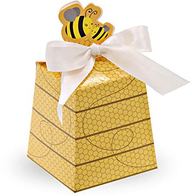 SumDirect 50Pcs Paper Beehive gift Box Baby Favors Candy Boxes with White Satin Ribbons, for Baby Shower Birthday Decorations (Yellow)
