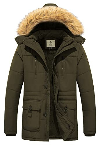 WenVen Men's Winter Casual Fleece Coat Classic Cotton Outdoor Jacket Faux Fur Trimmed Hood Coats Mid-Length Windproof Parka Jacket Army Green M