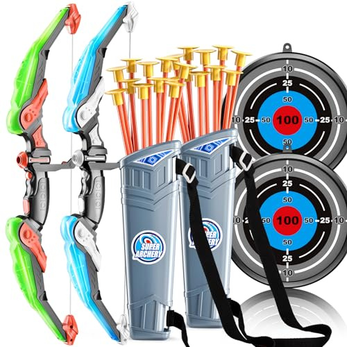 2 Pack Set Bow and Arrow Archery Toy for Kids, LED Light Up with 20 Suction Cup Arrows Target & Quiver, Outdoor Toys Kids Boys Girls Ages 3-12 Years Old