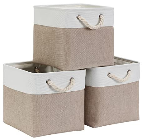 Mangata Aufbewahrungsbox 25x25x25 cm, Aufbewahrungskorb mit Griff, Aufbewahrung Korb Stoff für Regal, Schrank, und Kleidung (Faltbare, Helles Khaki Weiß, 3er Set)