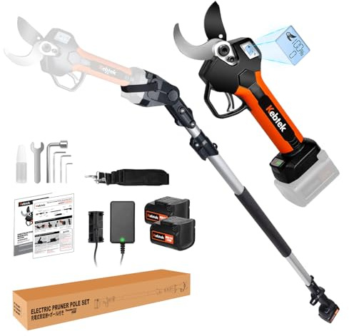 2 In 1 Electric Pruning Shears 40MM, Kebtek Cordless Pruner with Extension Pole 21V Brushless Motor 2Pack 2AH Rechargeable Battery-LCD Display Screen (KT940 Pruner+Pole Set)