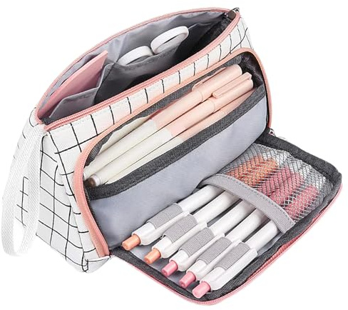 Astuccio per matite con grande capacità, astuccio per cancelleria, per scuola media, college, ufficio, studenti, ragazze, regalo a quadretti, Colore: rosa., moderno