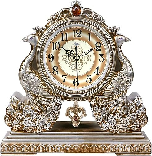 Horloges de cheminée, horloge de cheminée silencieuse avec pendule, horloge de table paon, horloge de cheminée à quartz décorative créative à piles adaptée au salon, à la chambre à coucher, au bureau