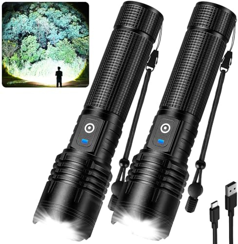 Kmivo Flashlight Rechargeable LED High Lumens, 99,000 Lumens Super Bright Flash Lights with 5 Modes, Adjustable，Waterproof Powerful Linterna for Home, Camping(2 Pack)