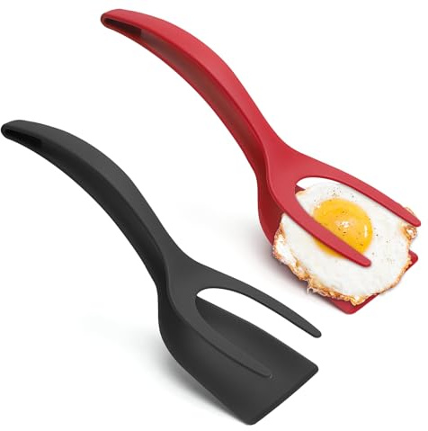 2 st 2-i-1 stekt äggspatlar och röd/svart klämma | Plastspatel, non-stick plastspatel, äggspatel, bakspatel, äggfisk, hamburgare, pannkakor