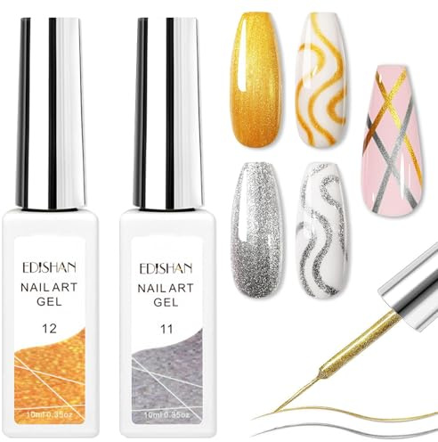 2PCS Liner Gel Nail Polish - Glitter Silver Gold gel nail Polish Pen - Metallic Gel Liner Nail Art - Shimmer nail Varnish with Thin Brush Soak off UV for French Manicure and Nail Art Paint