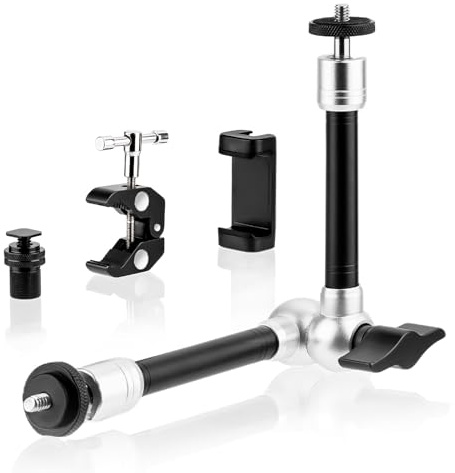 BRDRC Magic Arm Clamp Mount, 9.8 Articulating Extension Arm with 1/4 and 3/8 Thread, with Cold Hot Shoe Adapter, Phone Holder for Tripod DSLR Camera Cage LCD Monitor LED Light Accessories