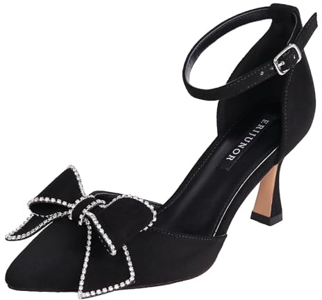 ERIJUNOR E3342 Garden Wedding Party Shoes Comfortable Mid Heels Pumps with Bow Knot Ankle Strap Wide Width Velvet Shoes Black Size 8