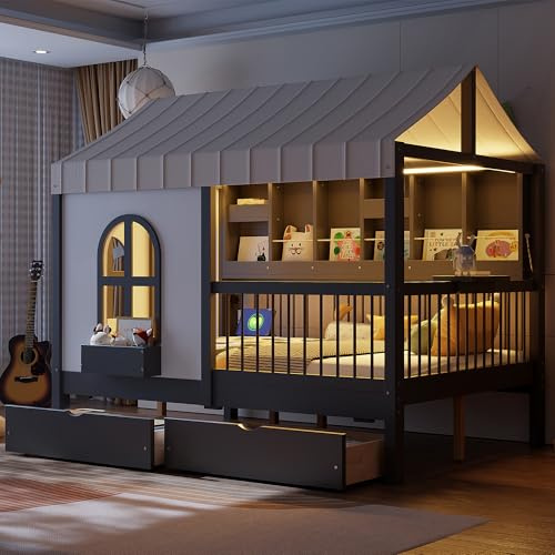 Merax House Bed with 2 Large Drawers, Side Bookshelf with LED Strip, Full Size, Gray