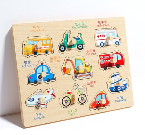 Puzzle Legno Bambini 1 Anno, Giochi Legno 2 Anni, Giochi Montessori con Numeri Animale, Puzzle 18 Mesi, Giocattolo Educativo, Regalo per Bambini e Bambine 2 3 Anni (Conoscenza dei trasporti)