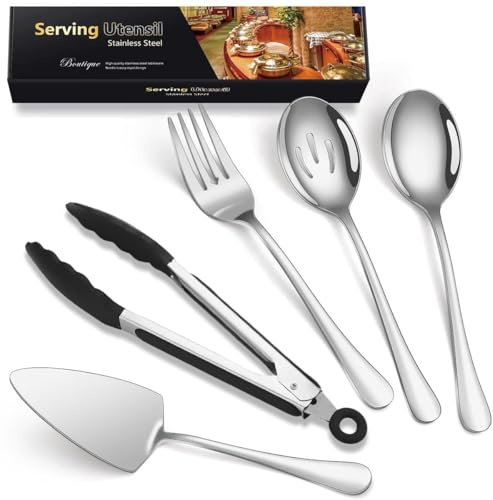 MURRI&MURRDI Cutlery Serving Set of 5 Pieces, Stainless Steel Serving Utensils Include Spoon, Slotted Spoon, Fork, Cake Server and Tongs, Buffet Flatware Serving Set Silver