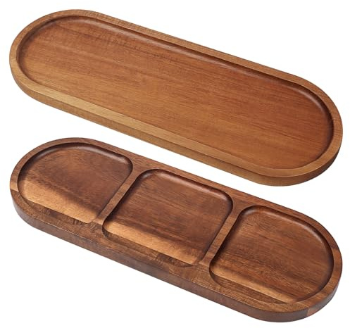 Muzhu 2-Pack Wood Serving Trays: Oval 29x10.8cm Solid Natural Wood Platters (1 Divided & 1 Plain) with Edge Design, Ideal for Dessert, Snack, Fruit, Appetizer, Cheese, Bread & Food Serving in Kitchen