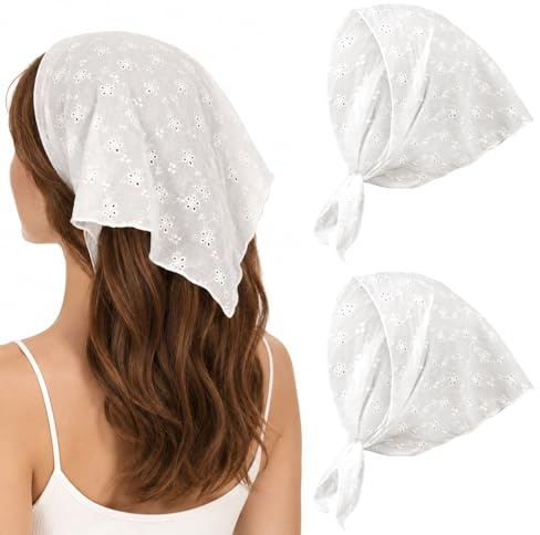 JJUNW 2 Pcs Lace Head Scarf, White Lace Head Bandana for Women | Hollow out Floral Hair Bandana White Headband Vintage Adjustable Kerchief Triangle Headscarf for Parties Dances Ballets