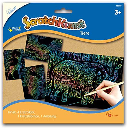 MAMMUT 158007 - Kratzbilder ScratchKunst, Motive Tiere, Komplettset mit 4 Kratzbildern Regenbogen, Kratzstäbchen und Anleitung, Scraper, Kratzset für Kinder ab 3 Jahre