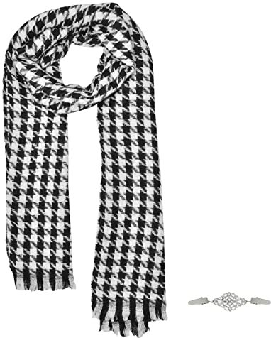 SwirlColor Hahnentritt Schal, Hahnentritt-Schal Weicher Bequemer Mehrzweck-langer Schal für Frauen Männer im Herbst-Winter-Frühling 1pcs, mit Klipp-Brosche 1 PC (Schwarz und Weiß)