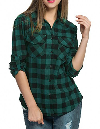 Jhsnjnr Women's Plaid Shirts Long Sleeve Blouse Rolled Up T Shirts Collared Button Blouse Green