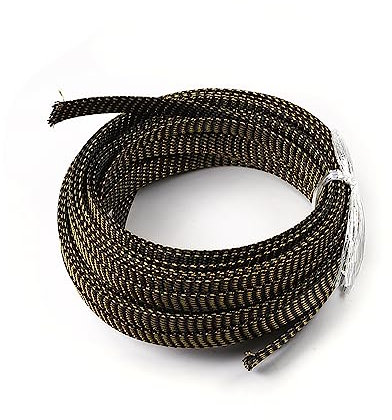 Aicosineg 32.81ft PET Flexible Braided Cable Sleeve 0.44inch Width Wire Loom Sleeving and Organizer Flexible Wire Mesh Sleeve Wrap Protector for TV Audio PC Cords from Pets Chewing Black and Gold