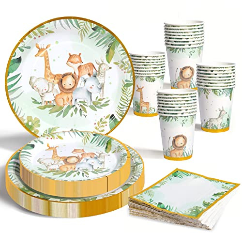 Set da Tavola per Feste a Tema Jungle Safari, Piatti Safari Compleanno, Stoviglie in Carta Serve 24 Ospiti, Stoviglie per Feste di Animali, Piatti di Carta, Tovaglioli per Compleanni, Baby Shower