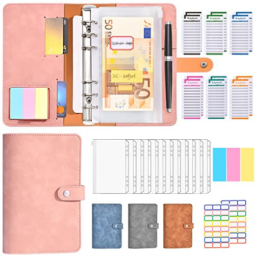 Budget Planner Deutsch - A6 PU Leder Budget Binder Geld Organizer Sparen - Finanzplaner Cash Stuffing Haushaltsbuch mit Geldfacher - Budgetplaner Sparbuch mit Folien für Sinking Funds , Rosa