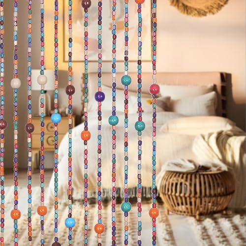 Osunnus Bunter Boho-Bambus-Perlenvorhang, 38 Stränge, handgefertigt, hängende Holztürperlen, Hippie-Vorhänge, Raumteiler für Tür, Fenster, Heimdekoration, Regenbogenfarben