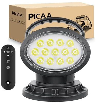 PICAA 5D Emergenza Faro da ricerca Led luce da lavoro,Base magnetica portatile Spot da 38W, Rotazione a 360° Lampada da lavoro a led con telecomando,Lampada per luci di guida 12V 24V per auto 4x4 SUV
