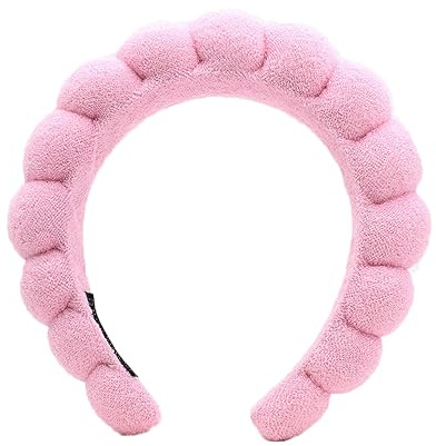 Ycfish Puffy Makeup Headband Spa Headbands for Women Sponge & Terry Towel Cloth Fabric Cute Skincare Headband for Face Washing, Makeup Removal, Shower, Facial Mask (Dark Pink)