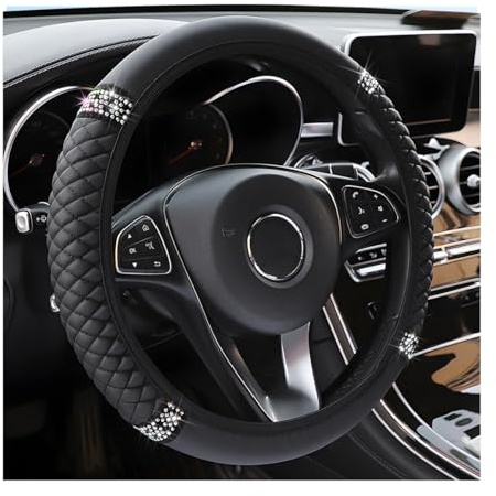 Osilly 15 Inch Rhinestone Leather Steering Wheel Cover, Black