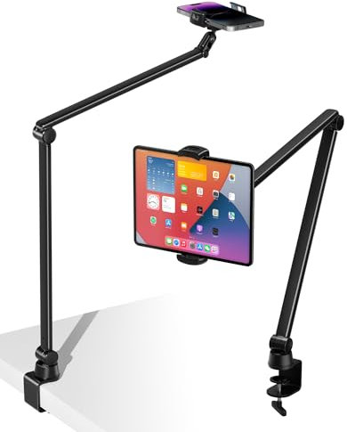 viozon Handyhalterung mit 2 verstellbare Klemmen für 3,5-13 Zoll Handys und Tablets, Höhenwinkelverstellbar, 360 Grad Drehung, Clip auf der Basis, Overhead Aufnahme (Schwarz)