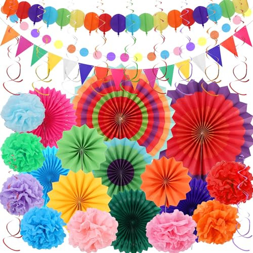 LEAZZLE 33 Pezzi Set Decorazioni Compleanno per Festa, Arcobaleno Party Addobbi Compleanno Con Festoni Compleanno, Carta Colorate Ventagli di Carta Appesi, Nastri di Tessuto e Ghirlande di Bandierine