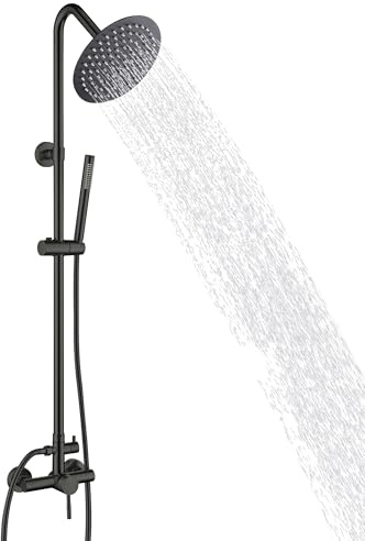 BAITUJIE Black Shower, Shower Mixer Set with 20cm Round Overhead Rainfall Shower Head Shower System with Diverter Adjustable Height Riser Rail Shower Set