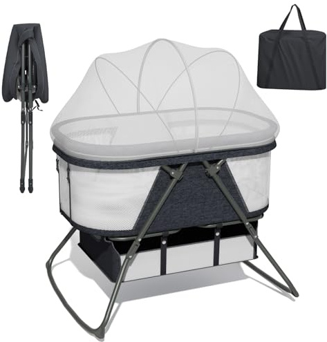XJD Baby Beistellbett, 2 in 1 Babybett klappbar, Stubenwagen mit Aufbewahrungskorb, Reisebett mit weich Matratze, Transporttasche, Moskitonetz, Babywiege für 0-6 Monate, von Geburt bis 10 kg, Grau