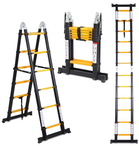 Cecaylie Escalera telescópica plegable de aluminio, 3,8 m (1,9 m + 1,9 m), escalera extensible con estabilizadores, portátil, marco en A, escalera de pie antideslizante, carga máxima de 150 kg (negro)