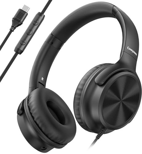 Cowyawn Auriculare USB C con Cable, Auriculares supraurales con micrófono, Control de Volumen, Sonido estéreo HD, Auriculares Ligeros y Plegables para Adultos, Adolescentes, Chromebooks (Negra)
