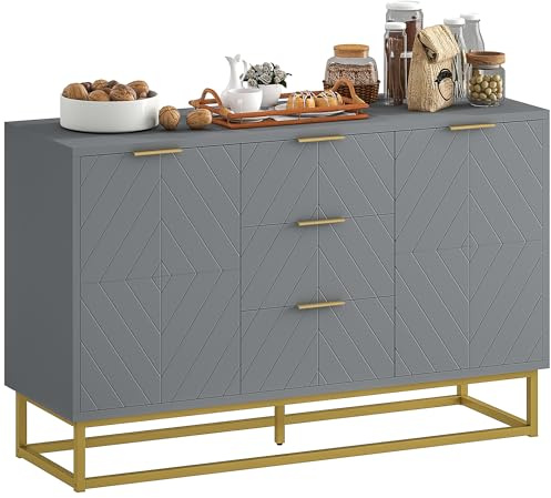 HOMCOM Aparador Moderno Aparador para Salón con 3 Cajones 2 Puertas y Estante Ajustable Mueble Auxiliar para Salón Cocina Antivuelco 120x40x76 cm Gris