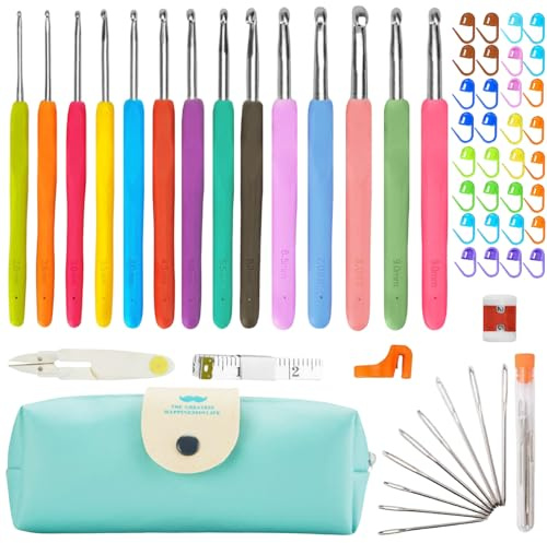 Aucuu 14PCS Crochet Set, Crochet Hook Set (2mm-10mm), 14PCS 14 Tamaños Agujas de Ganchillo con ErgonóMico Suave Antideslizante Mangos, Marcadores y Bolsas, para Principiantes, Adultos