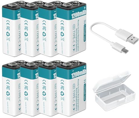 Pilas Recargables de 9V, Alta Capacidad, 1200mAh Energía Larga Duración, Carga Rápida 1,5 Horas, Indicador LED, Recarga USB con Cable para Detectores Humo, Multímetros y Control Remoto (8Pcs)