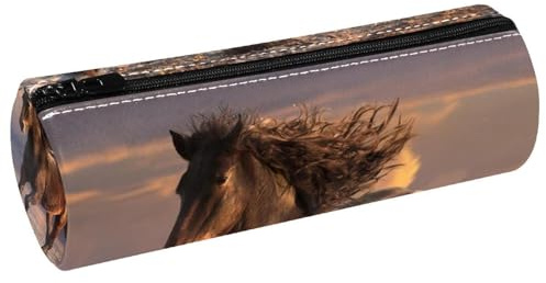VAPOKF Trousse à crayons en cuir synthétique avec imprimé cheval sur le coucher du soleil sur la plage, trousse de maquillage pour femmes, filles, garçons, enfants, fournitures scolaires et de bureau