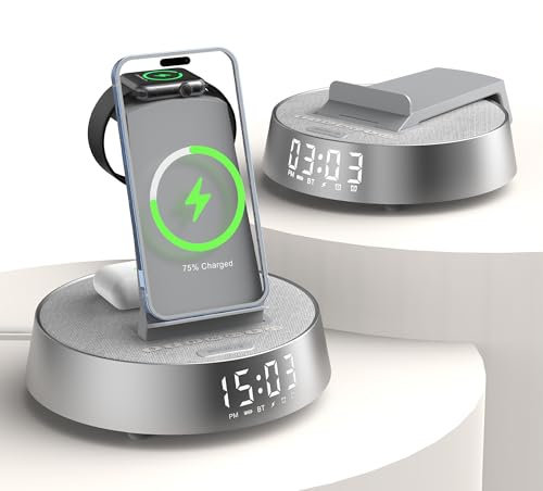 Wireless Charger iphone, Radio Alarm Clock with Wireless Charging Station, Bluetooth Speaker with Dimmable Night Light, 18W Fast Charger Stand for iPhone and Samsung, Apple Watch, AirPods
