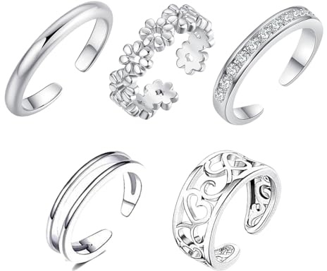 fKiZanthene 5 Pcs Toe Rings for Women Silver Adjustable Copper Body Jewellery for Summer Vacation, Swimming Pool and Party