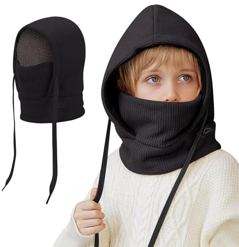 Mayoii Bonnet d'hiver thermique pour enfants, cagoule multifonctionnelle coupe-vent pour ski, bonnet en polaire chaud tricoté, capuche, écharpe de cou pour garçons et filles de 4 à 12 ans, Noir
