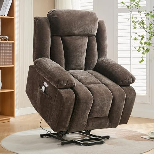 FammyLoft Riser and Recliner Chairs Electric with Massage and Heat, Brown | Heavy Duty and Safety Motion Reclining, Mechanism Fabric Armchair with Storage Pocket, USB Ports, for Elderly