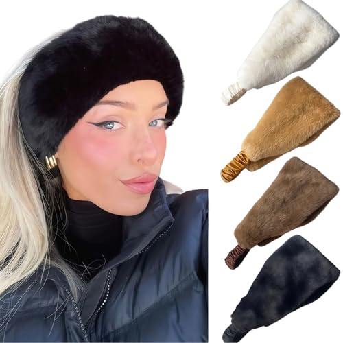 ZenithAura 4 Stück Winter Stirnband Funky Damen Kunstfell Ohrenwärmer Stirnband Mit Elastik, Weiche Winter Ohrenschützer Für Damen Mädchen